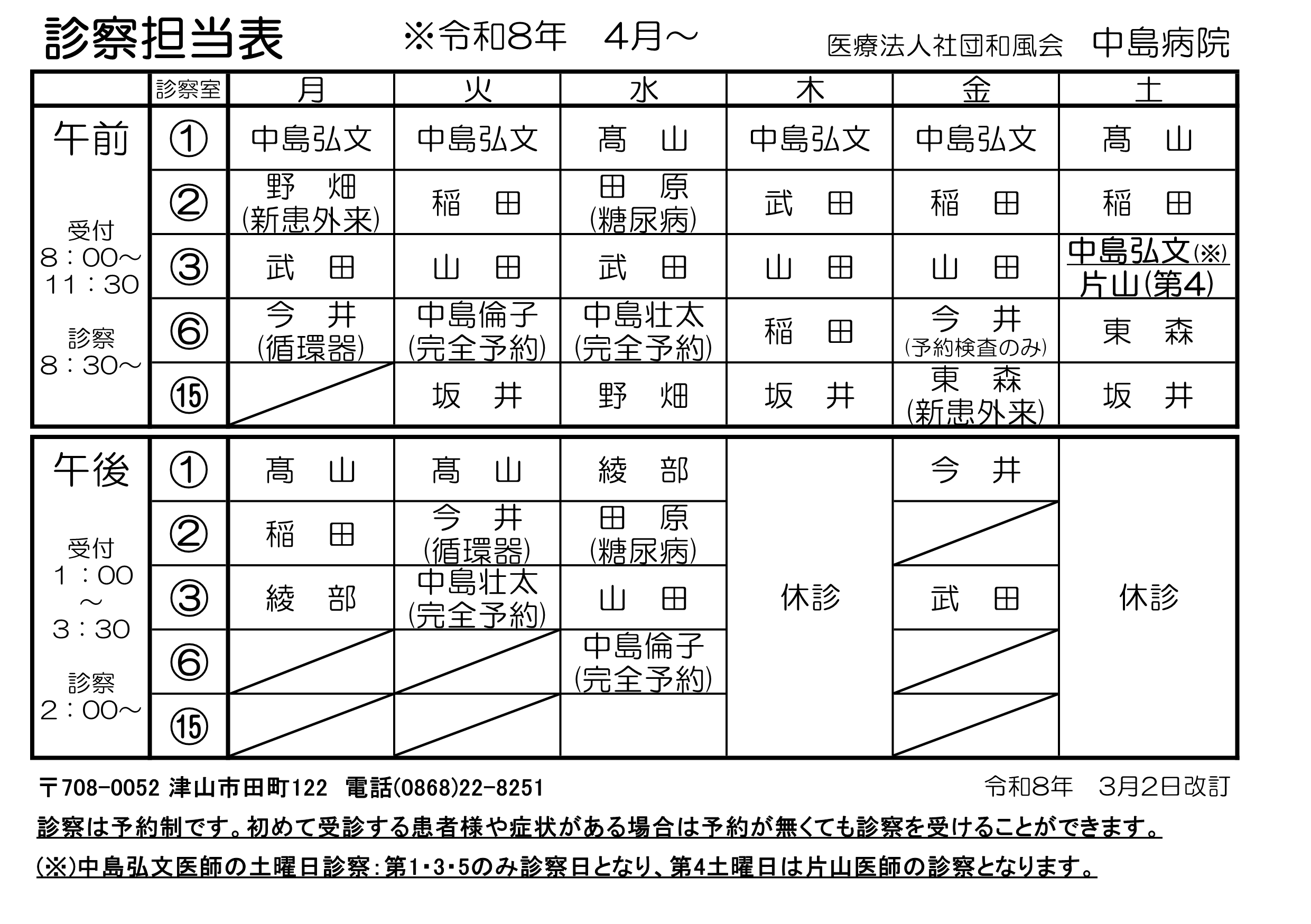 診察担当表2026.04